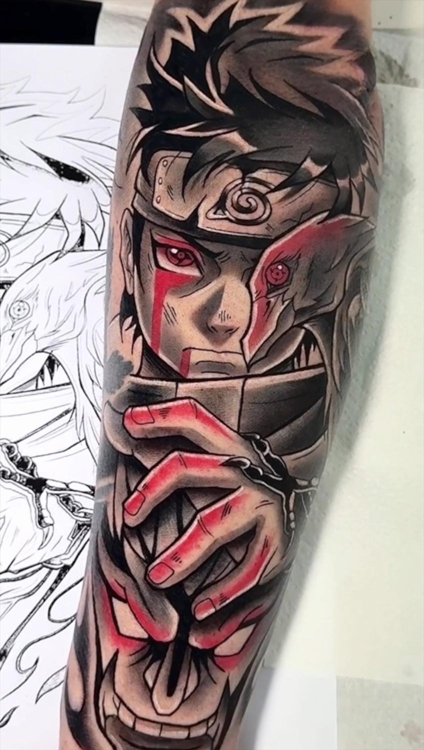 Tatuaje anime en blanco y negro por Adrián en Twin Bros Tattoo