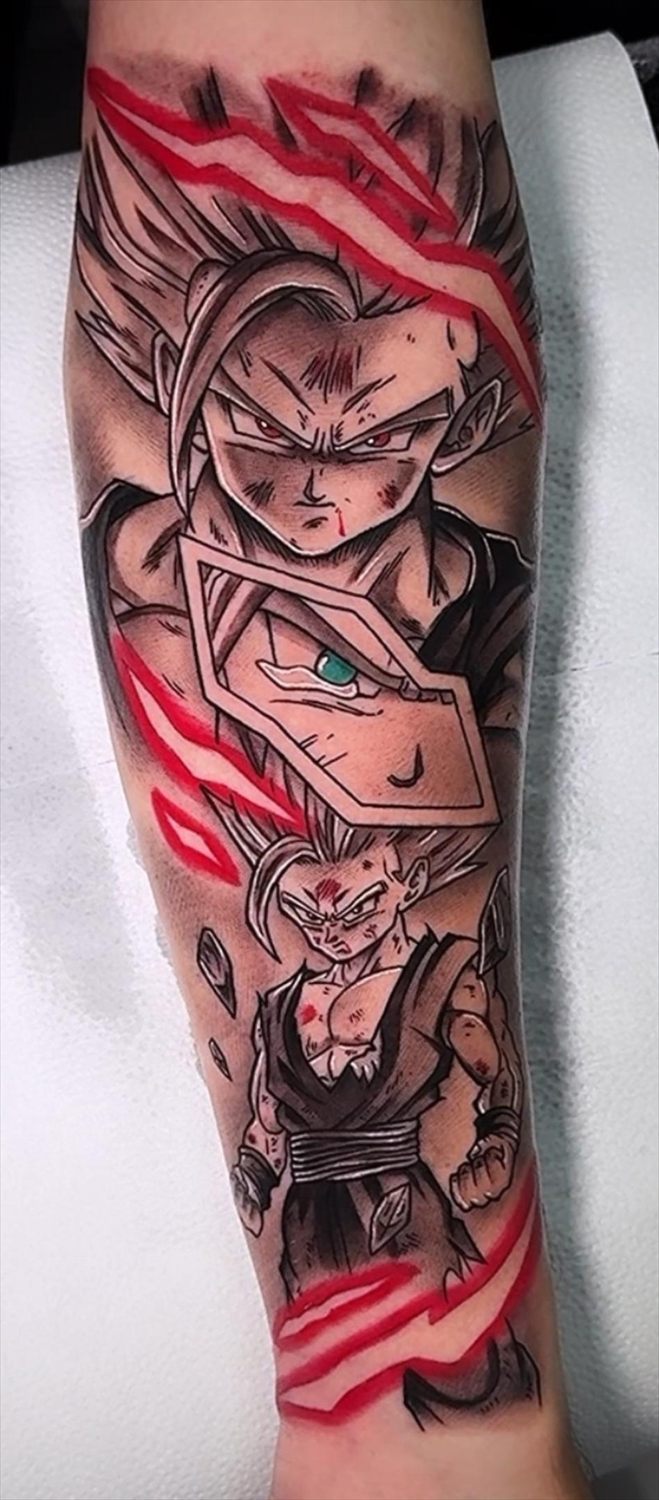 Tatuaje anime en blanco y negro por Adrián en Twin Bros Tattoo