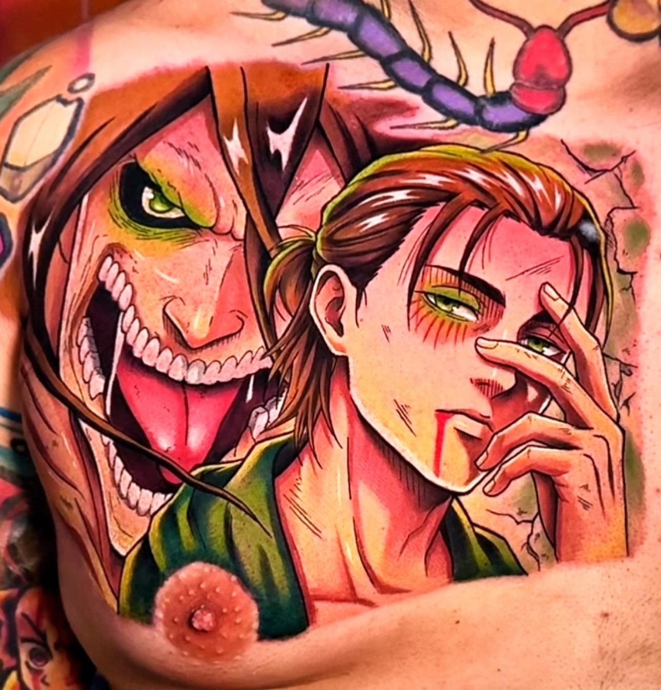 Tatuaje anime en color por Adrián en Twin Bros Tattoo