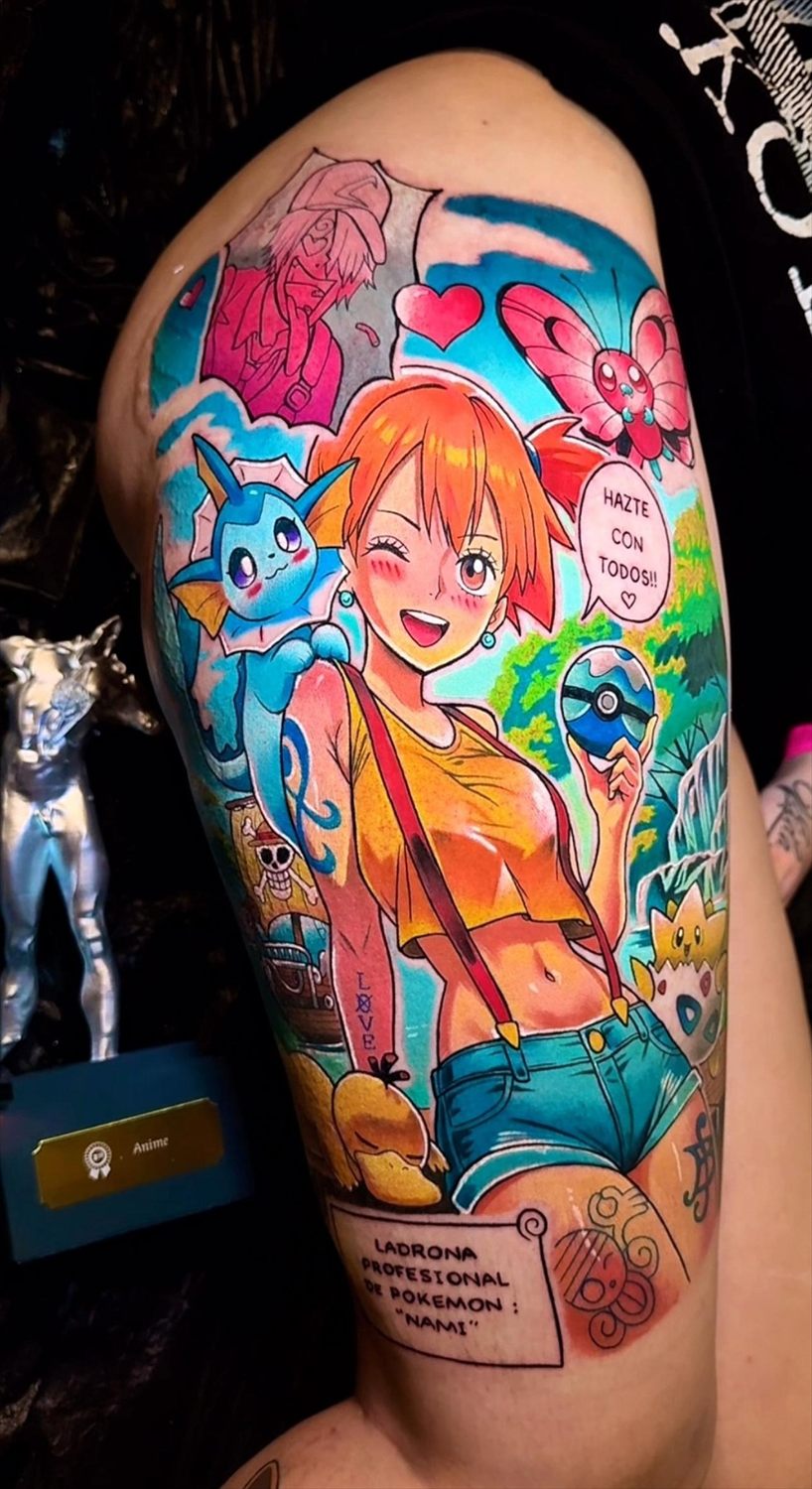 Tatuaje anime en color por Adrián en Twin Bros Tattoo